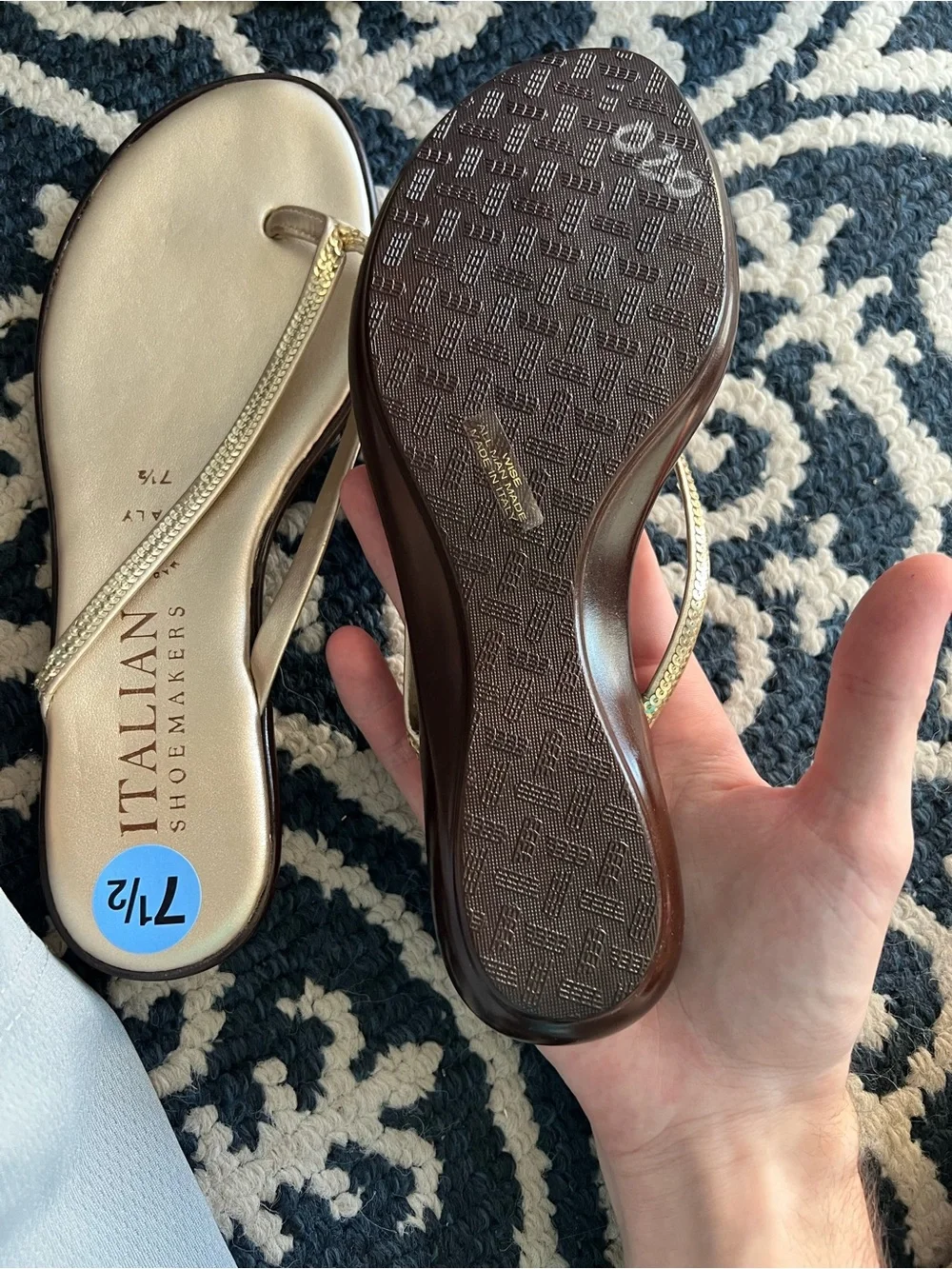 Italian Shoemakers Gold Jeweled Strap Flip Flop Sandals